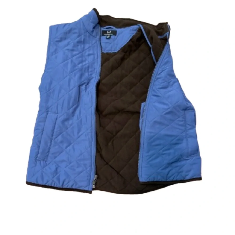 Magaschoni Women’s Blue Quilted Zip Vest Black Fleece Lined Size Large